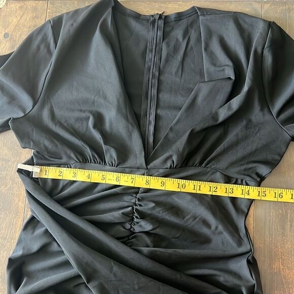 Stylish Long Sleeves V Neck Bodycon Pleated Slit Solid Evening Gown Dress - Picture 11 of 14